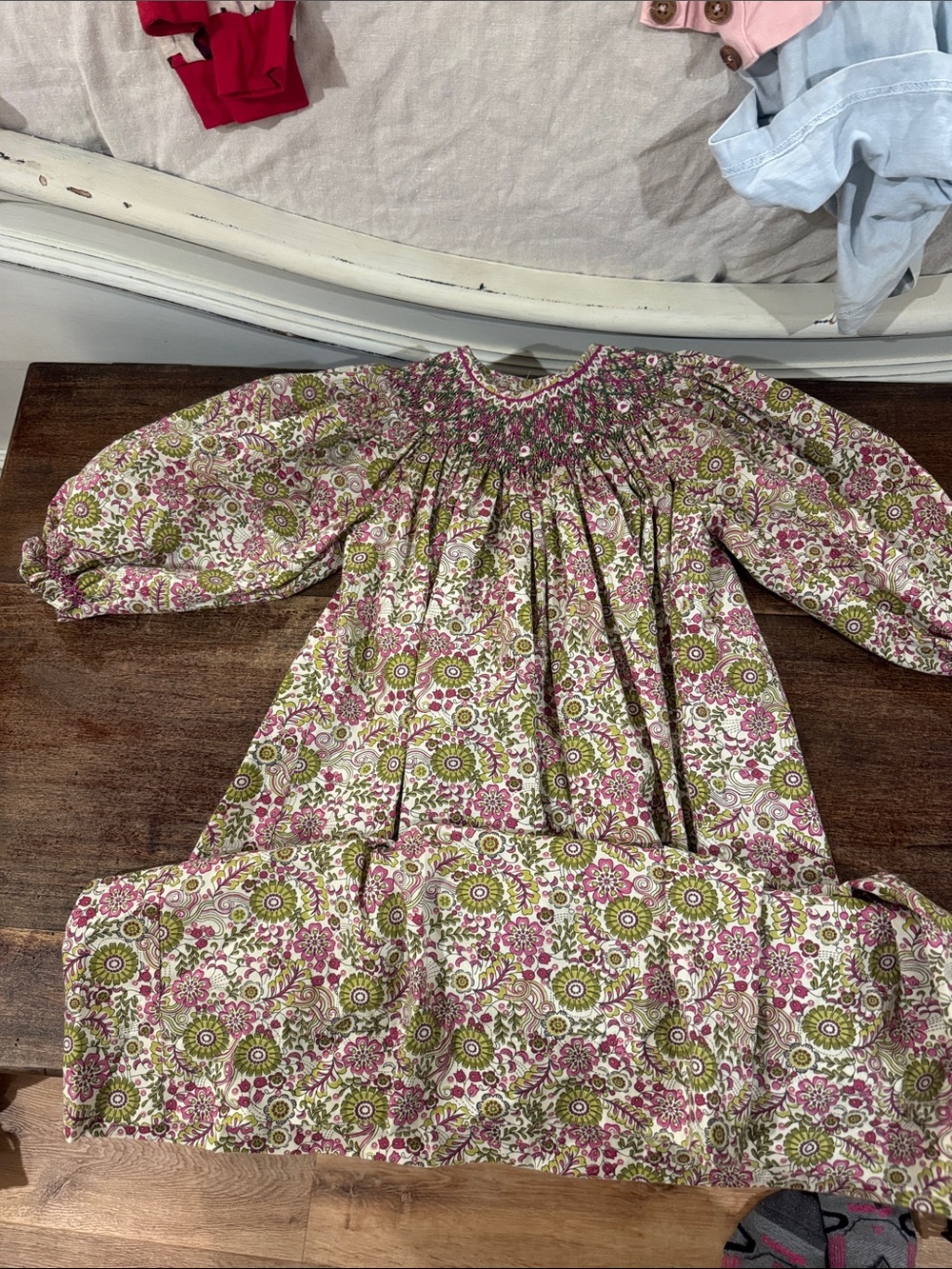 Smocked Floral Long-Sleeve Girls Dress in Pink and Green